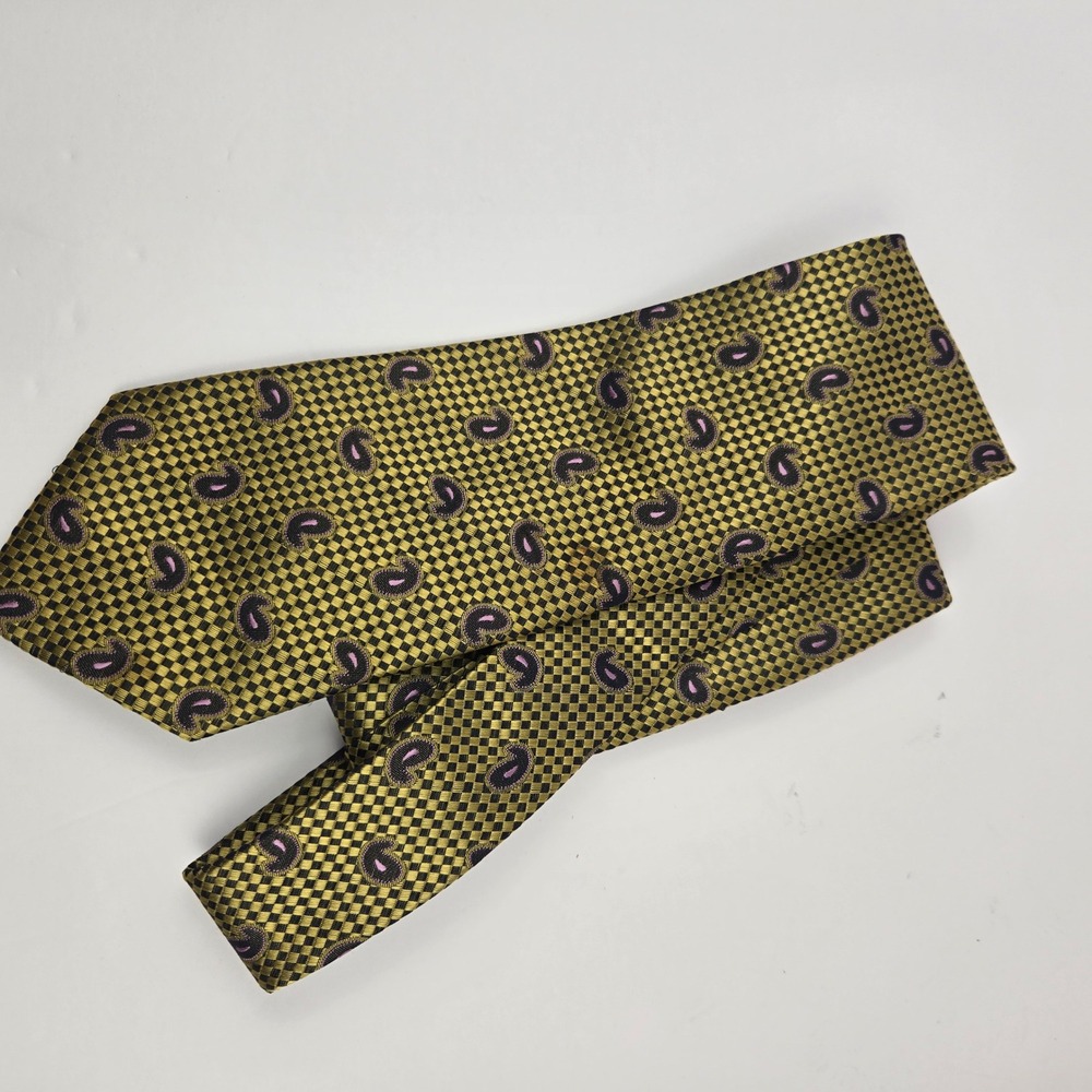 Dino Magli Mens Tie Gold Black Checkerboard Purple Paisley Styled in Italy 4in